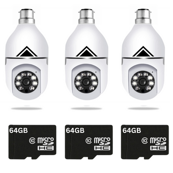 3 x Emporium Bulb Cameras 2.0 + 3 x 64GB TF Card TF Storage Cards (Screw or Bayonet)